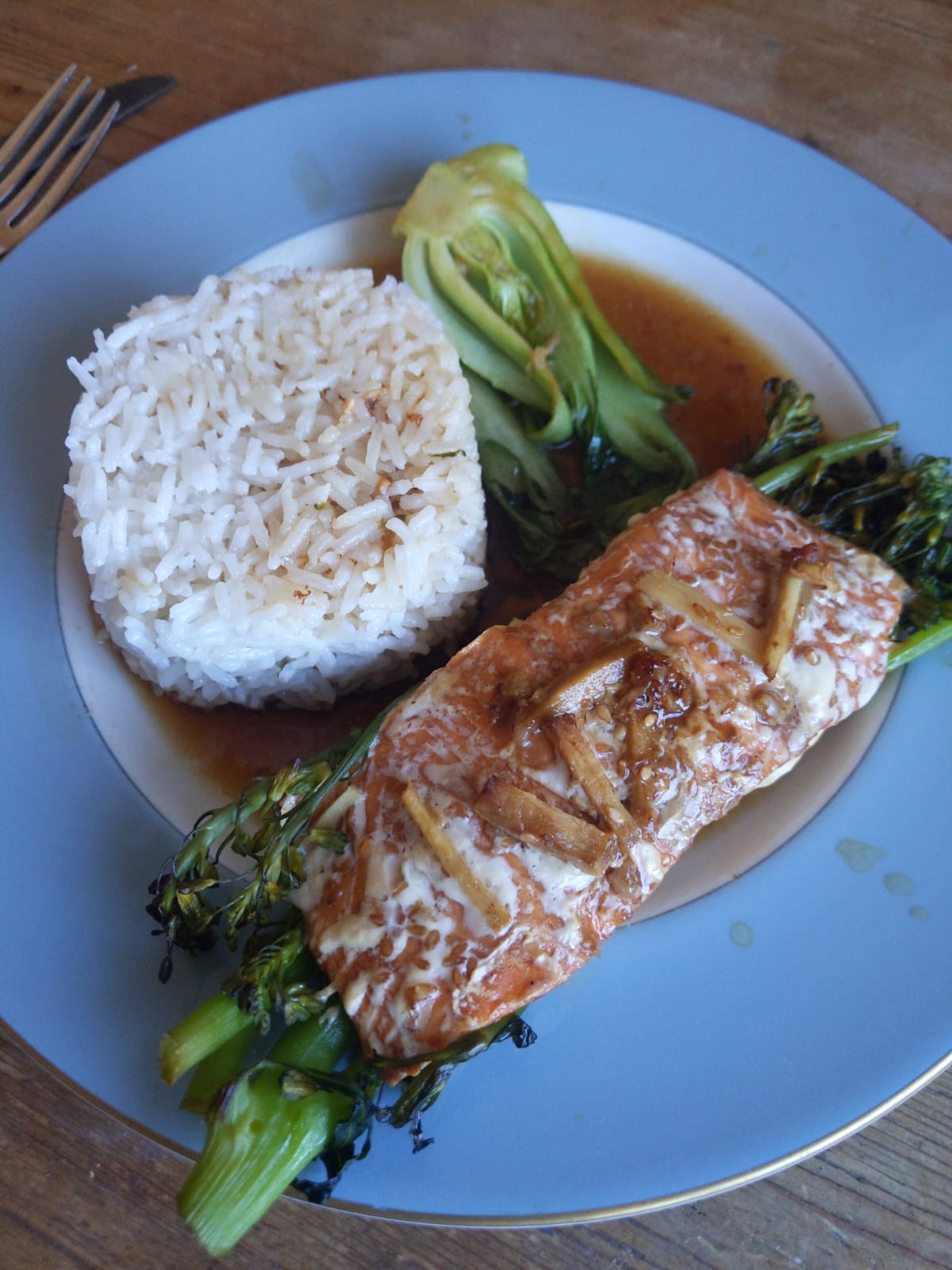 Salmon with rice on a plate