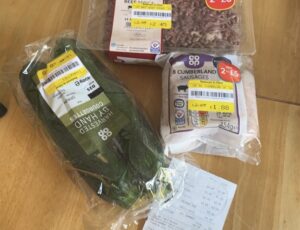 yellow sticker sausages, mince and courgettes