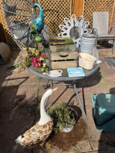 A patio with garden ornaments