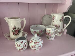 A collection of pink, white and green china - old-fashioned frugality