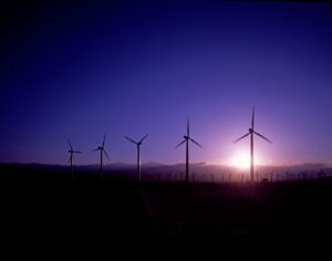 A wind farm with the sun going down in the distance