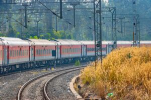 A red train and rail tracks
